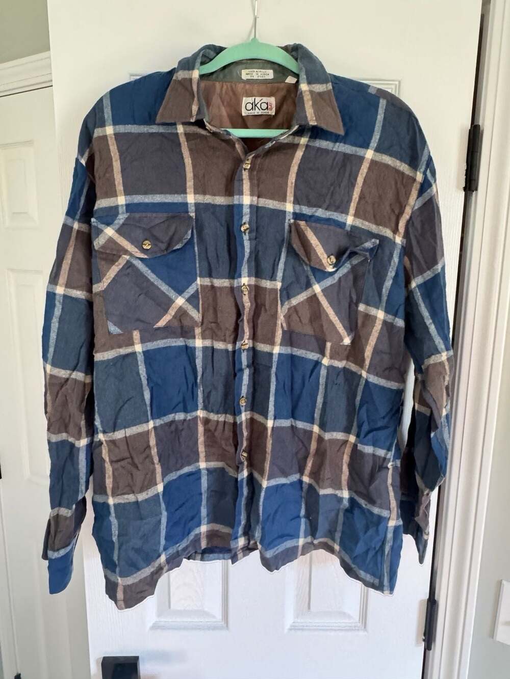 Vintage Aka Bay 100% Acrylic Blue Brown Plaid Button-Up Flannel Shirt Men's XL